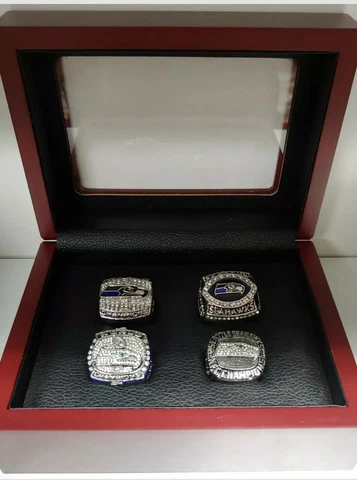 Seattle Seahawks - Championship Super Bowl 4 Ring Set With Wooden Box. Wilson Cover