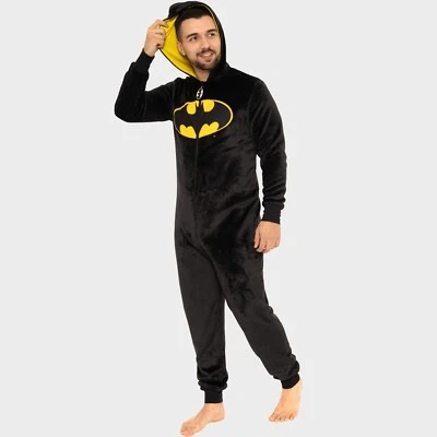 Batman DC All In One Pyjama Adults Mens S-XXL Sleepsuit Hooded Black Yellow - Image 1 of 3