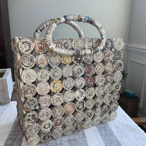 Eco Friendly recycled newspaper tote bag basket Handmade Pinwheel Design OOAK Cover