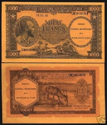 BELGIAN CONGO DR.1000 1,000 FRANCS P-2 1962 BOAT WATER BUCK UNC RARE PROOF NOTE - Image 1 of 2