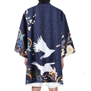 Men Women Long Kimono Coat Japanese Crane Cardigan Outwear Bathrobe Yukata Top - Picture 1 of 9