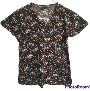 Scrubs Zoe + Chloe Women’s Small Multicolor Dogs on Black Scrub Top - Picture 1 of 5