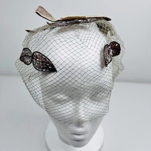 Vintage Womens Hat Hair Piece Handmade Brown Net Bow Sequined Leaves - Picture 1 of 9