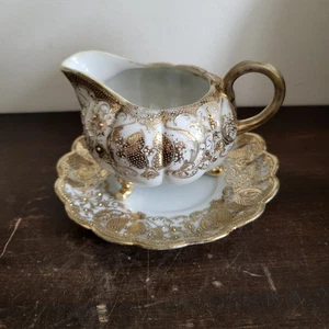 Nippon Japan Maple Leaf Hand Painted Footed Creamer With Saucer Moriage Gold - Picture 1 of 8