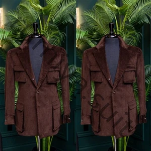 Vintage Brown Corduroy Men's Suits Safari Jacket Wedding Outdoor Hunting Coat - Picture 1 of 9