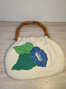 Vintage White Linen Bamboo Handle Purse Summer Tropical Beach Vacation - Picture 1 of 10