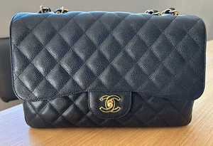 RARE Chanel Jumbo 24K Single Flap Black Caviar Gold GHW Chain Bag Purse - Picture 1 of 12