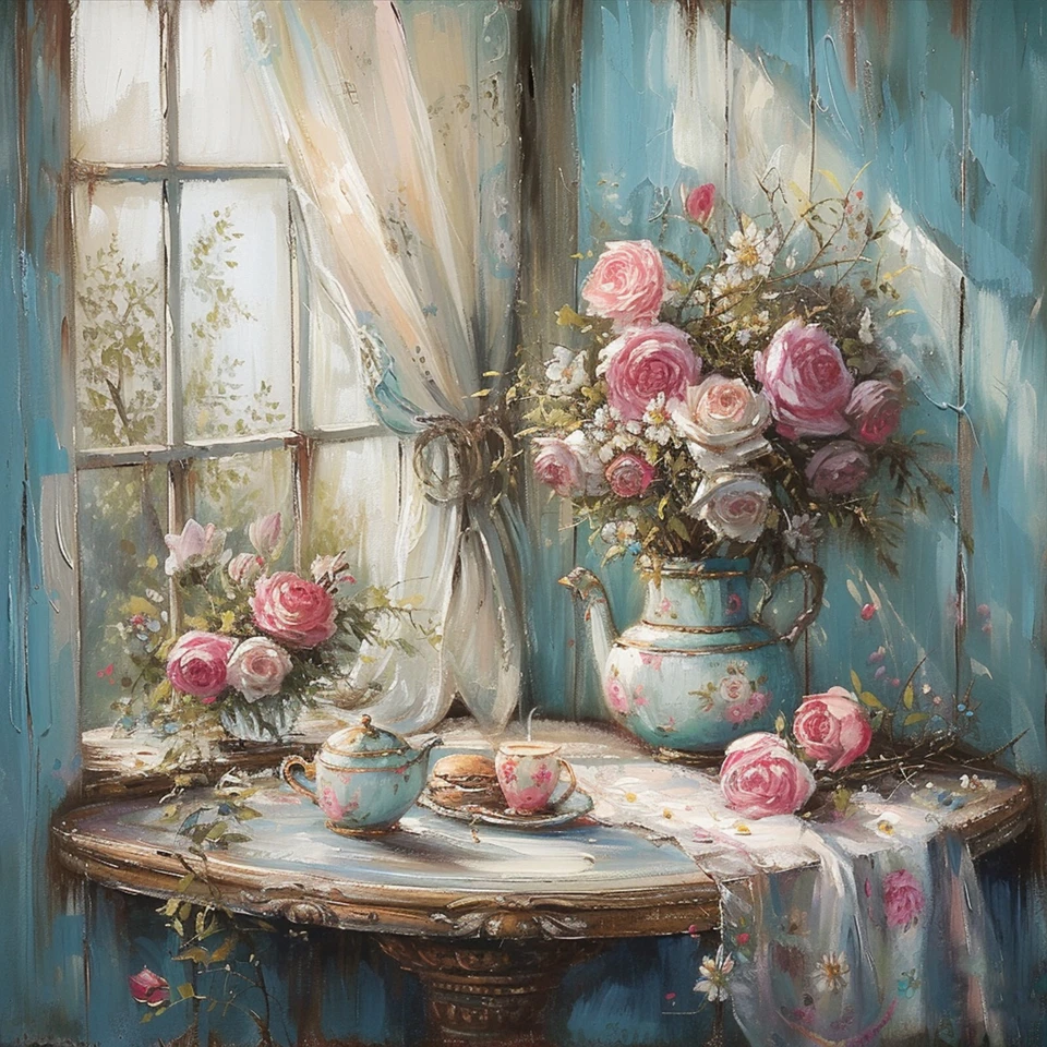 Wandbild Tisch Geschirr Rosen Vintage Shabby Deko Bild Dekofliese Wandfliese - Bild 1 von 1