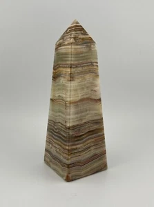Brown Green Stripe Banded Onyx (?) Polished Natural Stone Square Tower Obelisk - Picture 1 of 12