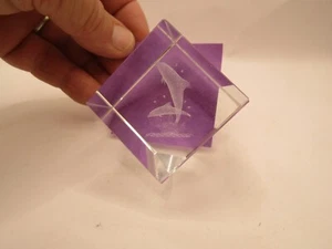 Crystal Cube Paperweight Laser Etched Prism dolphins waves - Picture 1 of 3