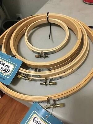 Six Assorted Round Embroidery Cross Stitch Hoops ~ Wooden With Wing Nut Screw - Image 1 of 4