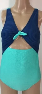 Jessica Simpson Girls Swimsuit Aqua Navy Striped Stretch Tie Knot UPF 50 16 New - Picture 1 of 6