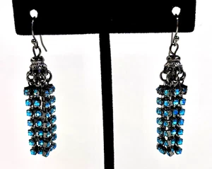 Royal Peacock Blue Crystal Beads Rhinestones Silver Dangle Chandelier Earrings - Picture 1 of 5