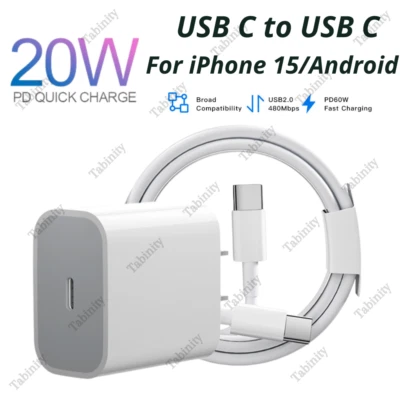20W USB C Type C Adapter For Android iPhone 15 iPad Fast Charger Block PD Cable - Image 1 of 4
