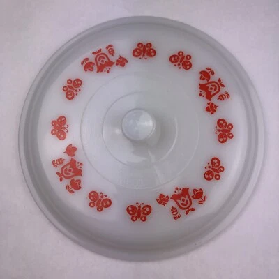 Fire King Lid White W/ Red Tulip Flowers Butterflies #5210 Glass 10 1/2" Vintage - Image 1 of 4