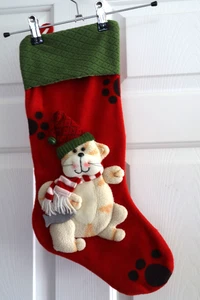 Kitty Cat Christmas Stocking 20" x 8" Red Felt Plush Lined Paw Prints Pet Theme - Picture 1 of 7