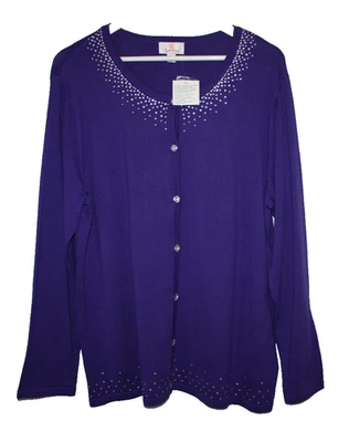 Quaker Factory Cardigan Womens 1X Purple Rhinestone Bedazzled Sweater Knit Bling - Image 1 of 4