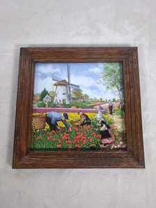 Vintage Holland Royal Schwabap Keramikfliese handbedruckt Windmühle Bauernhof gerahmt 7" - Bild 1 von 6