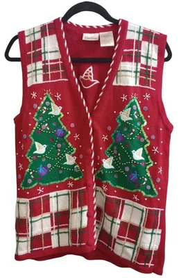 Suéter Chaleco Vintage Bobbie Brooks Navidad Bordado Árboles Palomas Rojo Pequeño  Foto 1 de 4