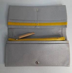 Clarks Large Purse 20 x 10cm Leather Grey & Mustard Separate Coin Purse GC - Picture 1 of 8