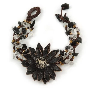 Leder Blume Türkis Perle Baumwolle Kordel Armband/schwarz/weiß/15cm L/klein - Bild 1 von 4