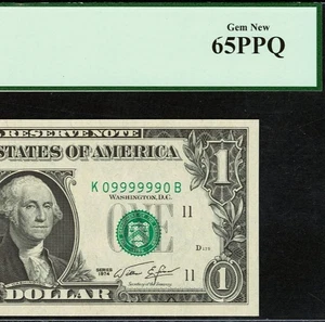 1974 $1 Federal Reserve Note PCGS 65PPQ - Fancy Radar Serial Number 09999990 - Picture 1 of 3