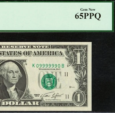 1974 $1 Federal Reserve Note PCGS 65PPQ - Fancy Radar Serial Number 09999990 - Image 1 of 3