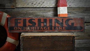 Custom Lake House Fishing Arrow Sign -Rustic Hand Made Vintage Wooden - Picture 1 of 2
