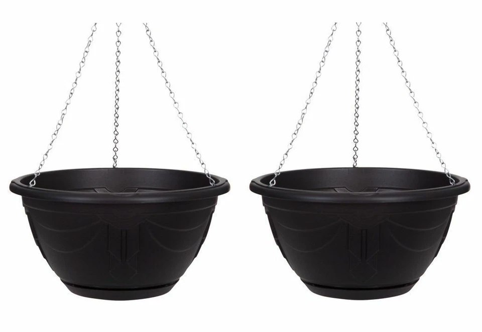 2 Black Round Venetian Hanging Basket 32cm Flower Planter Plastic Basket & Chain