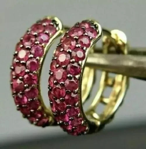 2.00CT Round Cut Simulated Red Ruby Hoop Women's Earrings 14K Yellow Gold Plated - Image 1 of 4
