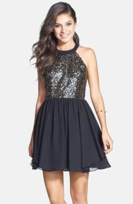 "HAILEY LOGAN" BLACK & SILVER SEQUIN FULL SKIRT MINI  DRESS SIZE: 7/8 NWT  129. - Image 1 of 4