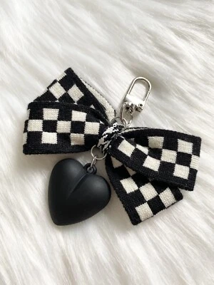 Heart Bow Bag Charm Key Ring Fob Keychain Purse Charm Black Checker New - Image 1 of 2