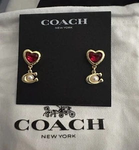 NWT! Coach Red Ruby Heart Shaped Logo Pearl Studs Earrings Valentine’s Day - Picture 1 of 4
