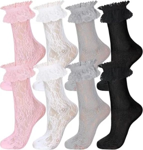 4 Pairs Lace Ruffle Frilly Socks for WomenLace Ankle Socks with BowRuffle Soc... - Picture 1 of 6