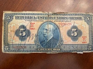 Brazil Provisional Signed  $5 Cinco Mil Reis Bank Note - Picture 1 of 8
