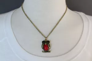 Red antiqued gold tone crystal eyes hoot owl pendant necklace 16" - 19" long - Picture 1 of 9