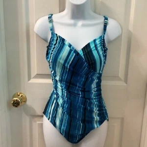 Traje de baño Jantzen azul a rayas tie dye adelgazante control abdominal de una pieza talla 6 nuevo con etiquetas - Imagen 1 de 5