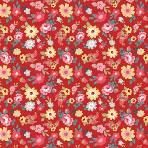 RAYUELA y FRECKLES ~ Rosa Azul Amarillo FLORES sobre Rojo ~ Algodón Amapola ~ PORTE - Imagen 1 de 2