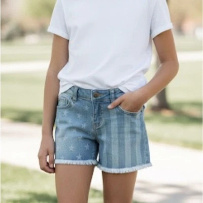 Cat & Jack Blue Stars and Stripes Stretch Denim Girls Jean Shorts L 10/12 - Image 1 of 4