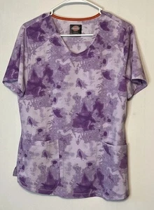 Dickies Women’s Floral Tie Dye Scrub Top Size M V Neck Medical Uniform Stretch - Picture 1 of 5