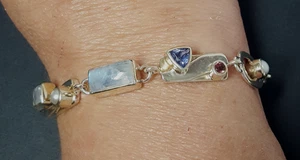 MICHOU Multi Gemstone 925 Sterling Silver Bracelet Toggle Clasp Vtg Designer - Picture 1 of 22