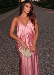 Zara ZW Collection Long Satin Volume V-Neck Dress Pink SIZE XS REF:3684/019 New - Picture 1 of 14
