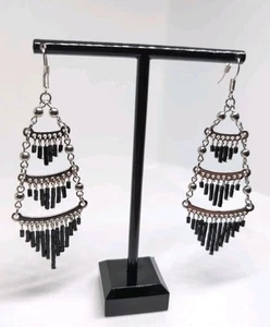 Long Black and Silver Plated Chandelier Style Earrings - Picture 1 of 6
