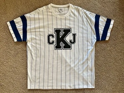 Размер XL - Calvin Klein джинсы логотип в полоску ретро бейсбол футболка белый синий новый - Изображение 1 из 4