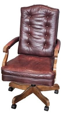 Ethan Allen Burgundy Leather Tufted Office Arm Chair on Casters & Swivels - Image 1 of 4