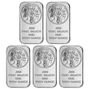 Lot of 5 - 1 Troy oz Buffalo .999 Fine Silver Bar Sealed - Picture 1 of 3