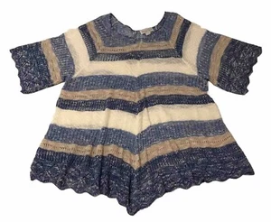 Open Knit Boho Striped Sweater Women 3X Blue Tan Ivory Short Sleeve Asymmetrical - Picture 1 of 17