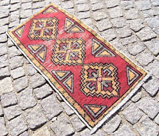 Vintage Doormat Rug 19'' x 37'' Turkish Anatolian Oushak Bohemian Doormat Rug