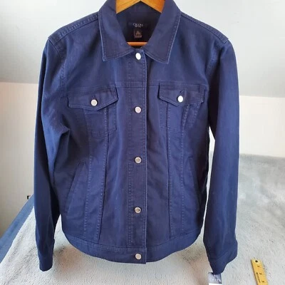 Chaps 牛仔夹克女式 XL 海军蓝卡车司机风格 Harrington 纽扣前外套 — 第 1/4 张图片
