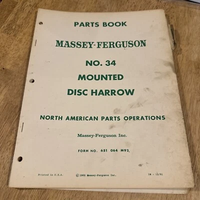 Vintage 1961 Massey Ferguson No. 34 Mounted Disc Harrow  Parts Book - Image 1 of 4